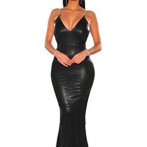 BLACK METALLIC RHINESTONE SPAGHETTI STRAPS OPEN BACK RUCHED MAXI DRESS